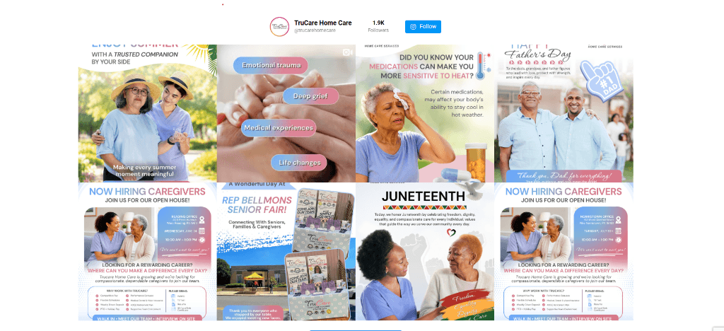 Blessed Hearts Homecare Instagram feed showing caregivers, clients, and senior activities